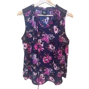 New Bobeau V Neck Sleeveless Tank Blouse Navy Blue Pink Floral Large NWOT